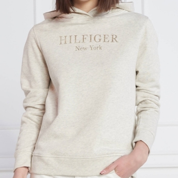 Tommy Hilfiger New York Beige Heathered Oat Milk Foil Fleece Hoodie - Picture 1 of 16